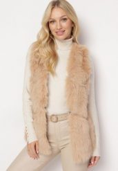 Beżowa Kamizelka Futrzana z Wstawkami z Ekoskóry Batliewa. Brązowe kamizelki damskie Born2be, l, z aplikacjami, z futra, bez kaptura. Za 189.99 zł.