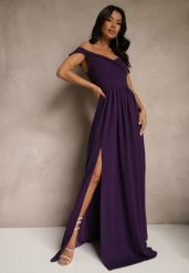 Fioletowa Elegancka Długa Sukienka Hiszpanka Wykończona Rozcięciem na Dole Idelia. Fioletowe sukienki damskie Renee, bez wzorów, z materiału, eleganckie, bez ramiączek. W wyprzedaży za 167.99 zł.
