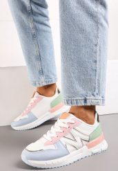 Biało-Niebieskie Sznurowane Sneakersy z Siateczkowymi Wstawkami Garnela. Białe obuwie sportowe damskie Born2be, z materiału, bez zapięcia. Za 89.99 zł.
