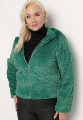 Zielona Futerkowa Kurtka z Ozdobnymi Paskami i Kapturem Eleran. Zielone kurtki damskie Born2be, l, bez wzorów, z kapturem. Za 49.99 zł.