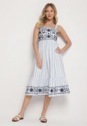 Niebieska Sukienka z Bawełny Ozdobiona Haftem Redale. Niebieskie sukienki damskie Born2be, bez wzorów, z bawełny, eleganckie, bez ramiączek. Za 139.99 zł.
