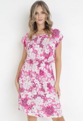 Różowa Wiskozowa Sukienka Mini w Kwiaty z Gumką w Pasie Charmain. Czerwone sukienki damskie Born2be, bez wzorów, z wiskozy, bez ramiączek. Za 79.99 zł.