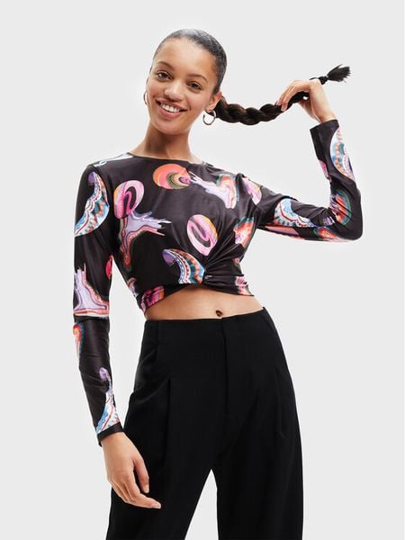 Desigual Bluzka MONSIEUR CHRISTIAN LACROIX Smile 22WWTK76 Czarny Slim Fit. Czarne bluzki damskie Desigual, xs, bez wzorów, z syntetyku, bez kołnierzyka, bez ramiączek. Za 269.99 zł.