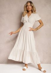 Jasnobeżowa Boho Sukienka z Bawełny o Kopertowym Fasonie Rissatina. Brązowe sukienki damskie Renee, bez wzorów, z bawełny, biznesowe, bez ramiączek. W wyprzedaży za 34.99 zł.