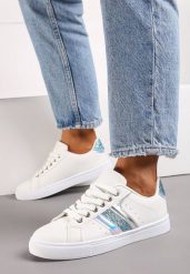 Biało-Niebieskie Sznurowane Sneakersy z Ekoskóry z Metalicznymi Wstawkami i Brokatem Lirinea. Białe obuwie sportowe damskie Born2be, z materiału, bez zapięcia. Za 79.99 zł.