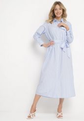 Niebieska Koszulowa Sukienka w Paski z Wiązaniem w Talii Lasali. Niebieskie sukienki damskie Born2be, bez wzorów, eleganckie, bez ramiączek. W wyprzedaży za 127.49 zł.