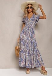 Granatowo-Beżowa Rozkloszowana Sukienka Maxi na Guziki Ozdobiona Etnicznym Wzorem Kleriala. Niebieskie sukienki damskie Renee, bez wzorów, boho, bez ramiączek. W wyprzedaży za 50.99 zł.