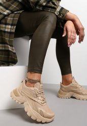 Ciemnobeżowe Sneakersy Dorameia. Brązowe obuwie sportowe damskie Renee, z jeansu, przed kostkę, bez zapięcia. Za 69.99 zł.