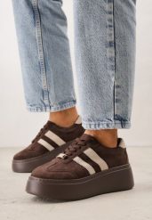 Ciemnobrązowe Skórzane Sneakersy na Grubej Podeszwie z Geometrycznym Wzorem Rivimi. Brązowe obuwie sportowe damskie Born2be, bez zapięcia. Za 189.99 zł.