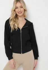 Czarna Bluza z Kapturem na Suwak Wykończona Ściągaczami Diacra. Czarne bluzy damskie Born2be, l, bez wzorów, z kapturem. Za 59.99 zł.