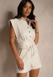 Jasnobeżowy Elegancki Komplet Koszula Bez Rękawów i Szorty z Wiązanym Paskiem Linelitia. Brązowe koszule damskie Renee, m, bez wzorów, eleganckie, bez kołnierzyka, bez ramiączek. Za 109.99 zł.