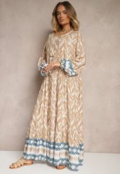 Beżowa Wiskozowa Sukienka z Printem w Stylu Boho z Chwostami Erianea. Brązowe sukienki damskie Renee, bez wzorów, z wiskozy, boho, bez ramiączek. W wyprzedaży za 63.99 zł.