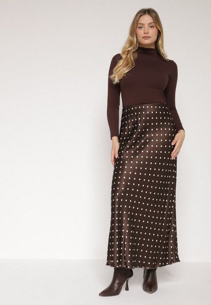 Brązowa Wiskozowa Spódnica Satynowa w Kropki o Rozkloszowanym Kroju Fedrana. Brązowe spódnice damskie Born2be, na co dzień, uniwersalny, bez wzorów, z satyny, eleganckie, maxi. Za 149.99 zł.