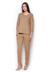 Beżowa Komfortowa Bluza z Rękawem 3/4 ze Złotymi Suwakami. Brązowe bluzy damskie Figl, l, bez wzorów, z bawełny, bez kaptura. Za 189.00 zł.