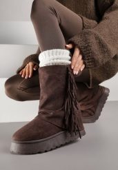 Brązowe Botki Śniegowce z Wywiniętą Cholewką Zdobioną Frędzlami Sewela. Brązowe śniegowce damskie Renee, z jeansu. Za 129.99 zł.