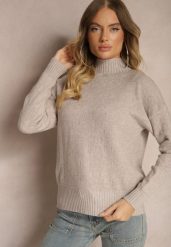 Beżowy Golf Sweter z Tłoczeniem i Ściągaczami Melovira. Brązowe golfy damskie Renee, bez wzorów, bez ramiączek. Za 99.99 zł.
