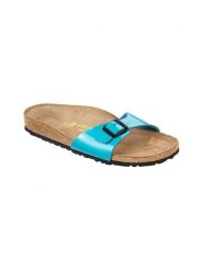 Birkenstock Klapki "Madrid" w kolorze niebieskim rozmiar: 40. Niebieskie klapki damskie Birkenstock, bez wzorów, z otwartym noskiem, bez obcasa, bez zapięcia. Za 231.45 zł.