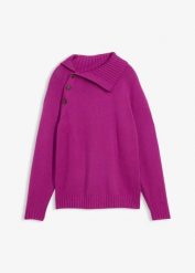 Sweter w asymetrycznym fasonie. Niebieskie swetry klasyczne damskie bonprix, prążkowane, z asymetrycznym kołnierzem. Za 112.99 zł.