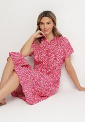 Fuksjowa Bawełniana Sukienka Koszulowa w Kwiaty z Rozkloszowanym Dołem Jerilsa. Czerwone sukienki damskie Born2be, bez wzorów, z bawełny, eleganckie, bez ramiączek. W wyprzedaży za 46.74 zł.