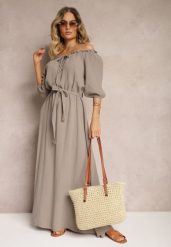 Beżowa Bawełniana Sukienka z Muślinu Wiązana przy Dekolcie z Paskiem i Gumką w Talii Tasda. Brązowe sukienki damskie Renee, bez wzorów, z bawełny, bez ramiączek. Za 139.99 zł.