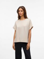 Vero Moda Koszulka w kolorze beżowym rozmiar: XS. Brązowe bluzki damskie Vero Moda, xs, bez wzorów, bez kołnierzyka, bez ramiączek. Za 57.20 zł.