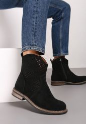 Czarne Botki z Ażurową Cholewką i Skórzaną Wkładką Tinalei. Czarne botki damskie Born2be, z jeansu, eleganckie, bez obcasa, na płaskiej podeszwie, bez zapięcia. Za 159.99 zł.