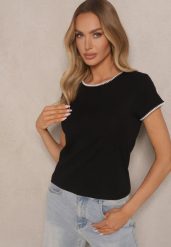 Czarny T-shirt z Bawełny z Ozdobną Lamówką Elanicea. Czarne t-shirty damskie Renee, s, bez wzorów, z bawełny, bez kołnierzyka. Za 39.99 zł.