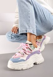 Biało-Różowe Sneakersy na Grubej Tłoczonej Podeszwie z Podwójnym Sznurowaniem Glefida. Białe obuwie sportowe damskie Born2be, bez zapięcia. Za 119.99 zł.