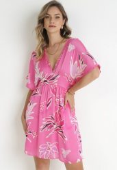 Różowa Sukienka Mini z Rękawem Typu Nietoperz i Gumką w Pasie Zartina. Czerwone sukienki damskie Born2be, bez wzorów, z tkaniny, bez ramiączek. Za 169.99 zł.