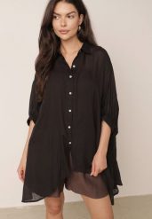 Czarna Zwiewna Koszula Letnia Oversize z Bawełny o Nietoperzowym Kroju Canomela. Czarne koszule damskie Born2be, na lato, l, bez wzorów, z bawełny, eleganckie, bez kołnierzyka, bez ramiączek. Za 139.99 zł.