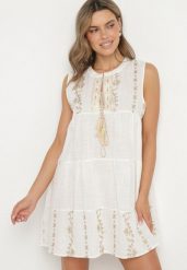 Biała Sukienka Boho z Wiskozą o Rozkloszowanym Kroju z Haftem i Wiązaniem Terhira. Białe sukienki damskie Born2be, bez wzorów, z wiskozy, boho, bez ramiączek. Za 129.99 zł.