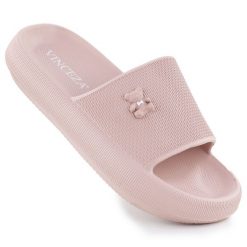Klapki piankowe na basen plażę z misiem różowe Vinceza 75210. Czerwone klapki damskie VINCEZA, bez wzorów, z materiału, bez obcasa, bez zapięcia. Za 79.99 zł.