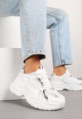 Biało-Srebrne Sneakersy Vices na Platformie Ozdobione Tłoczeniem Natiselle. Białe obuwie sportowe damskie Renee, z jeansu, bez zapięcia. Za 99.99 zł.