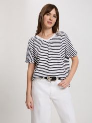 Cross Jeans Koszulka w kolorze biało-czarnym rozmiar: M. Białe bluzki damskie Cross Jeans, m, bez wzorów, z jeansu, bez kołnierzyka, bez ramiączek. Za 70.24 zł.
