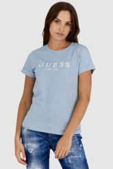 GUESS Błękitny t-shirt damski z białym logo. Niebieskie t-shirty damskie Guess, s, z aplikacjami, z bawełny, bez kołnierzyka. W wyprzedaży za 99.99 zł.