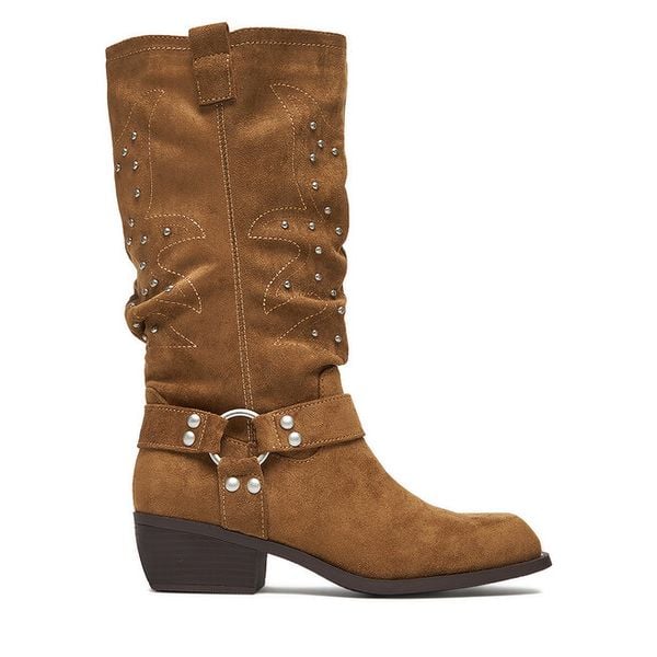 Kowbojki JENNY. Brązowe kozaki damskie Jenny, bez obcasa, na słupku, bez zapięcia. Za 249.99 zł.