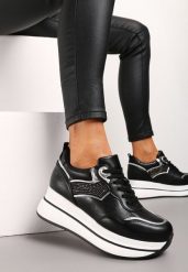 Czarne Sneakersy na Platformie z Cyrkoniami na Boku Oarema. Czarne obuwie sportowe damskie Renee, na lato, bez zapięcia. Za 149.99 zł.