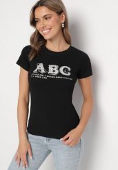 Czarny T-shirt Bawełniany z Naszywką i Cekinami Olisaria. Czarne t-shirty damskie Born2be, m, z aplikacjami, z bawełny, bez kołnierzyka. Za 34.99 zł.