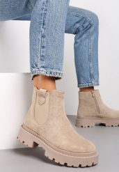 Beżowe Botki Sztyblety na Grubej Podeszwie Liraelia. Brązowe botki damskie Renee, z jeansu, eleganckie, bez obcasa, na obcasie, bez zapięcia. Za 109.99 zł.
