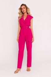 Fuksja Stylowy Kombinezon z Ozdobną Nogawką. Czerwone kombinezony damskie MOE, l, bez wzorów, z elastanu, eleganckie, bez kołnierzyka, bez ramiączek. Za 369.90 zł.