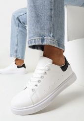 Biało-Czarne Sznurowane Sneakersy na Płaskiej Podeszwie przed Kostkę Duta. Białe obuwie sportowe casual damskie Born2be, bez zapięcia. Za 69.99 zł.