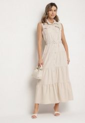 Beżowa Koszulowa Sukienka Ozdobiona Paskiem Mavorelle. Brązowe sukienki damskie Born2be, bez wzorów, eleganckie, bez ramiączek. W wyprzedaży za 118.99 zł.