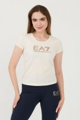 EA7 Beżowy t-shirt. Czerwone t-shirty damskie EA7 Emporio Armani, xs, bez wzorów, bez kołnierzyka. W wyprzedaży za 189.99 zł.
