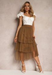 Brązowa Tiulowa Spódnica Rozkloszowana z Plisowaniem High Waist Eveleena. Brązowe spódnice damskie Renee, bez wzorów, z tiulu, wizytowe, midi. Za 44.99 zł.