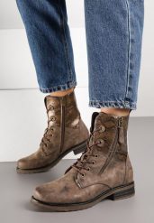 Brązowe Botki w Stylu Workerów z Ozdobnym Suwakiem i Wężową Wstawką Vemalora. Brązowe botki damskie Renee, z jeansu, eleganckie, bez obcasa, na płaskiej podeszwie, bez zapięcia. Za 149.99 zł.