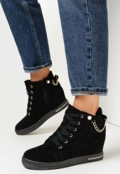 Czarne Sneakersy na Ukrytym Koturnie z Łańcuchem Ellieo. Czarne obuwie sportowe damskie Born2be, z jeansu, bez zapięcia. Za 99.99 zł.