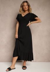 Czarna Rozkloszowana Sukienka z Wiskozy z Kopertowym Dekoltem Rellrive. Czarne sukienki damskie Renee, bez wzorów, z wiskozy, eleganckie, bez ramiączek. W wyprzedaży za 55.99 zł.