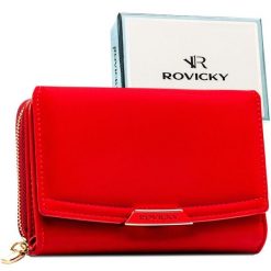 Czerwony, średni portfel damski ze skóry ekologicznej zamykany na zatrzask - Rovicky. Czerwone portfele damskie ROVICKY, bez wzorów, ze skóry ekologicznej. Za 79.99 zł.