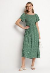 Zielona Sukienka z Bawełny o Rozkloszowanym Kroju w Kropeczki Lisadrisa. Zielone sukienki damskie Born2be, bez wzorów, z bawełny, eleganckie, bez ramiączek. Za 79.99 zł.