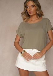 Ciemnobeżowa Wiskozowa Bluzka Oversize Lirealia. Brązowe bluzki damskie Renee, l, bez wzorów, z jeansu, bez kołnierzyka, bez ramiączek. Za 39.99 zł.